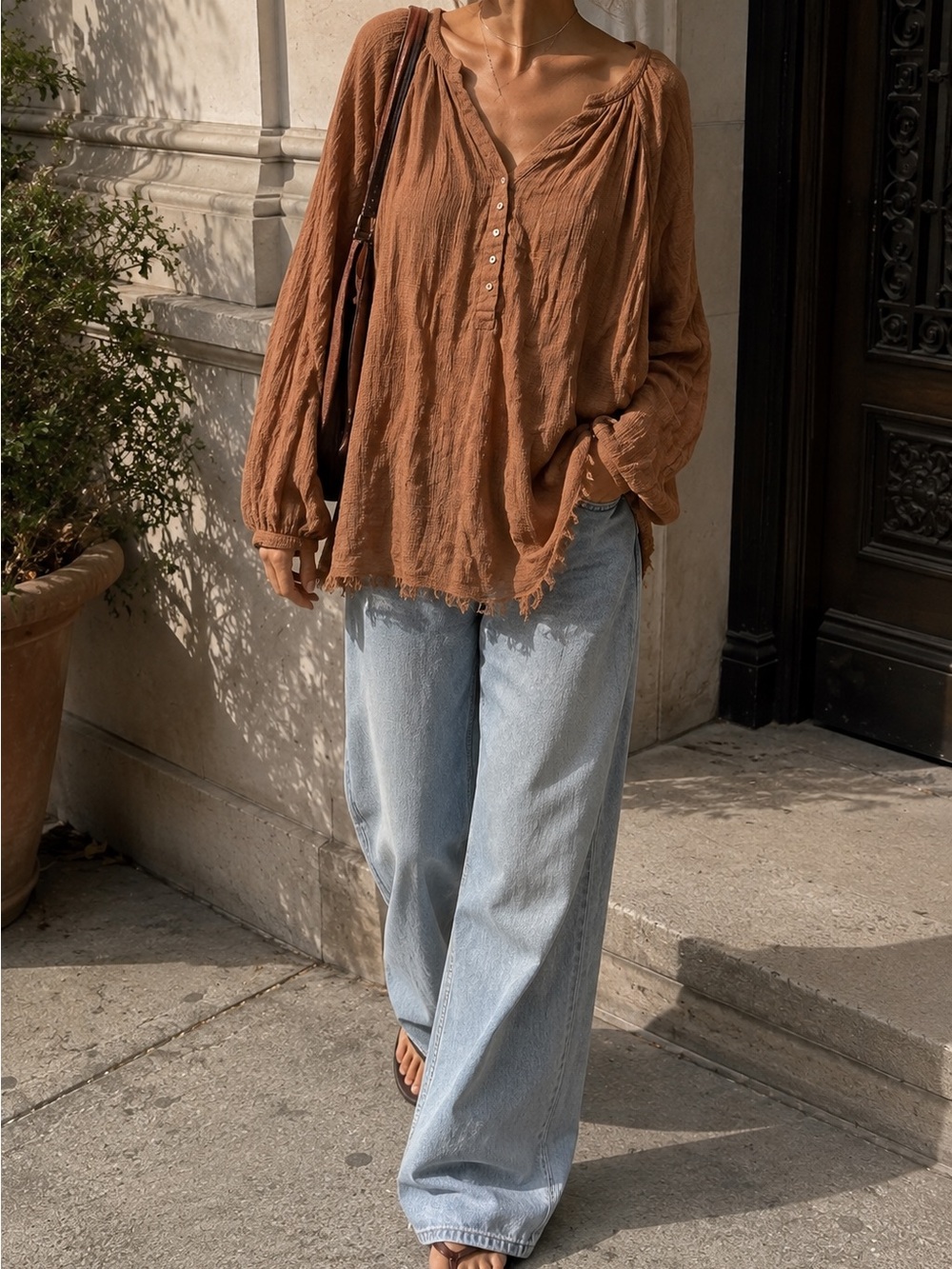 Free People We The Free Brown Gauze Henley Peasant Blouse S